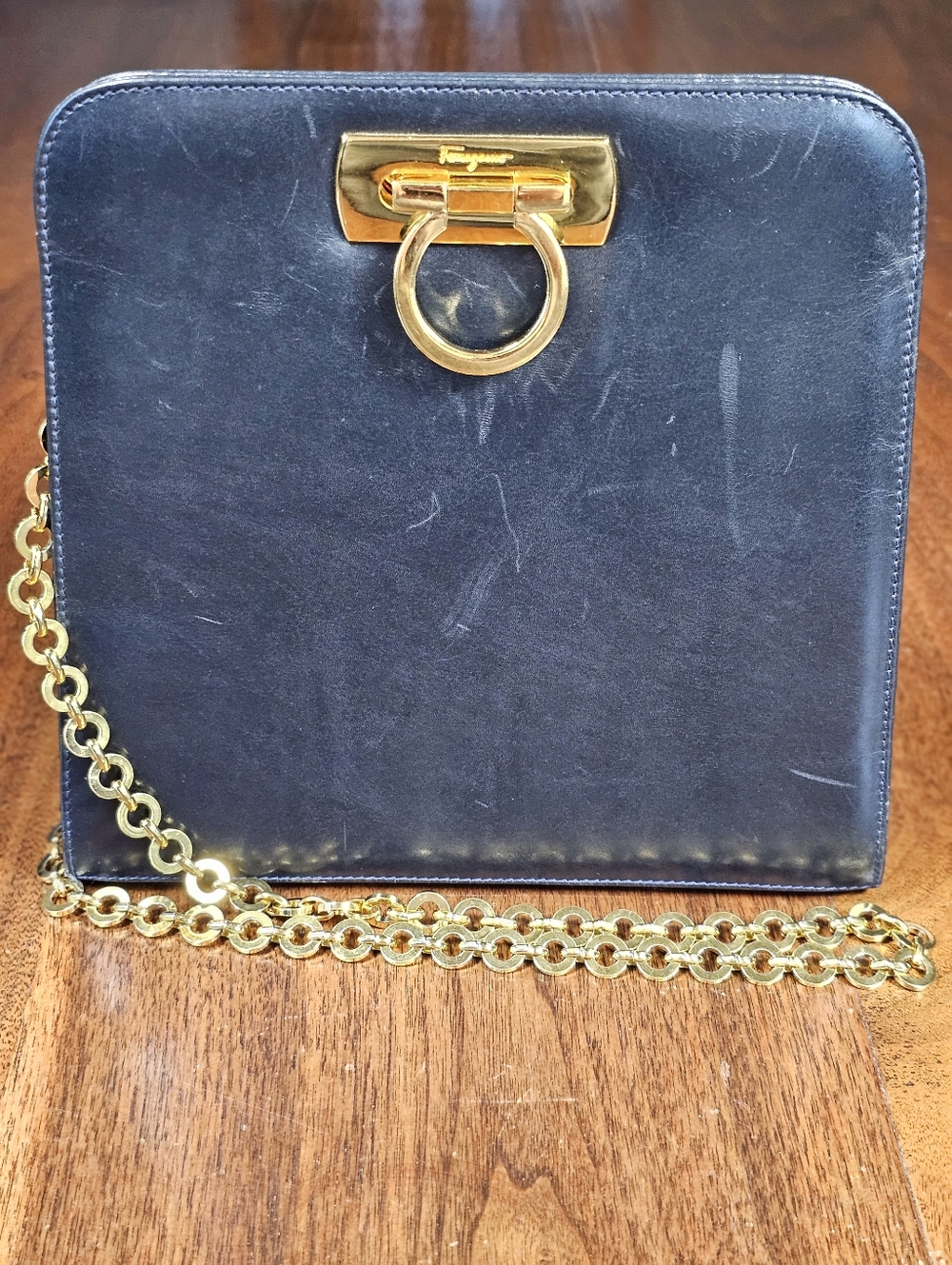 Salvatore Ferragamo Gancini Blue Leather Shoulder Bag P21 5241 Vintage Bag